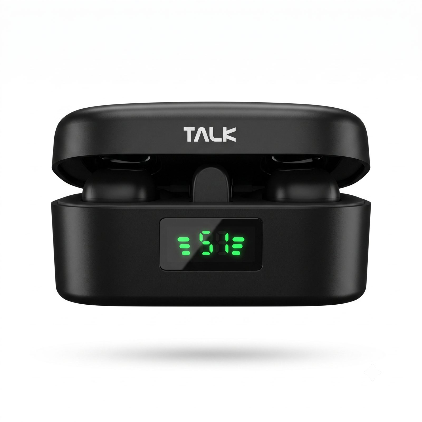 Estojo do MicTalk aberto com os microfones dentro e display de carga aceso